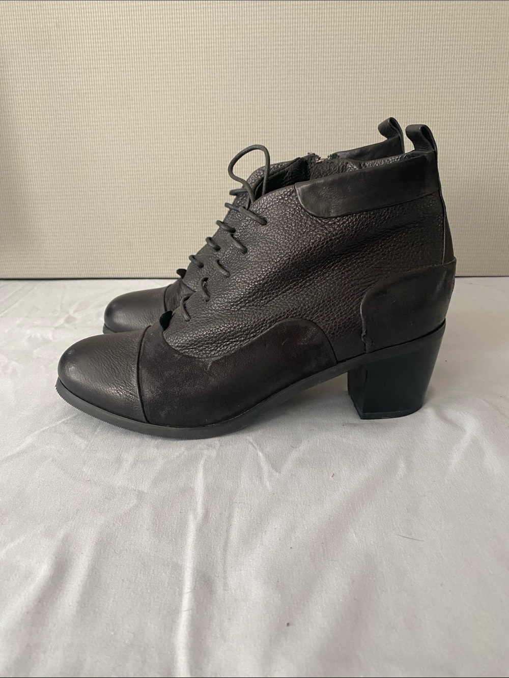 Black Lace-Up Leather Ankle Booties with Block Heel